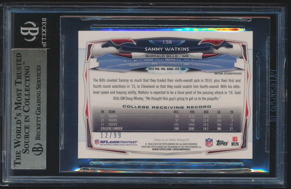 2014 Topps Chrome Mini Camo Refractor rookie #138 Sammy Watkins rc BGS 9.5 /99 - Image 2 of 2
