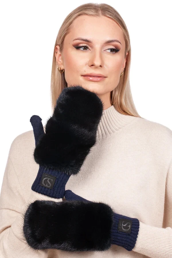 Dark Blue Mink Fur Flip Top Mittens,Elegant Convertible Warm Winter Fur Gloves