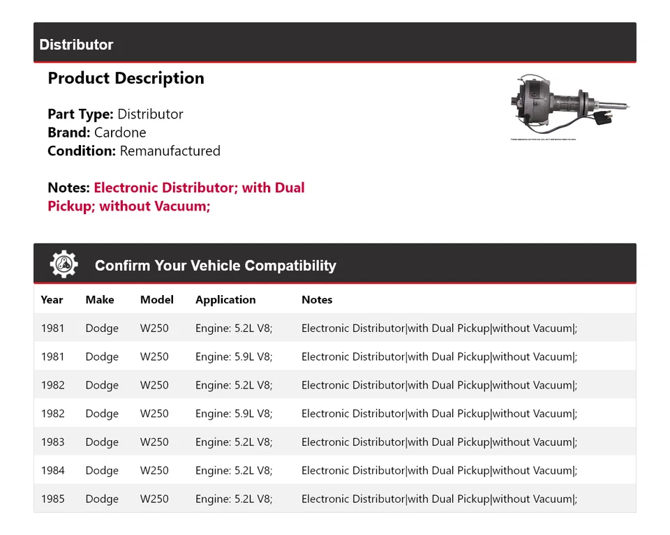 Para Dodge W250 1981-1985 Distribuidor Cardone 1982 1983 1984 Foto 2 de 4