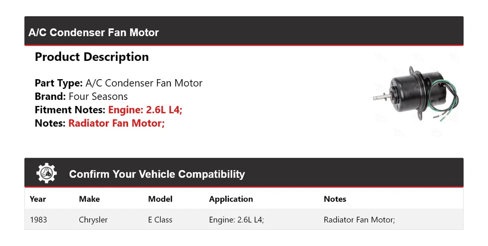 Двигатель вентилятора конденсатора для 1983 Chrysler класса E 2,6 л L4 4 сезона - Изображение 2 из 4