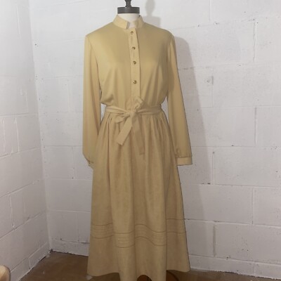 Vintage Herman Marcus Dress 60s Yellow Size 14 Mock Suede Mid Mod belted D-2
