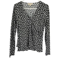 Michael Michael Kors black/White Floral Print Vneck Long Sleeve Top Blouse Sz PM