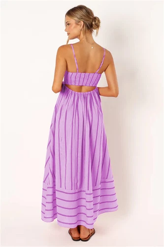 Women's Casual Basic Spaghetti Strap Maxi Dress Sleeveless Summer Strips Dresses - Picture 7 of 31