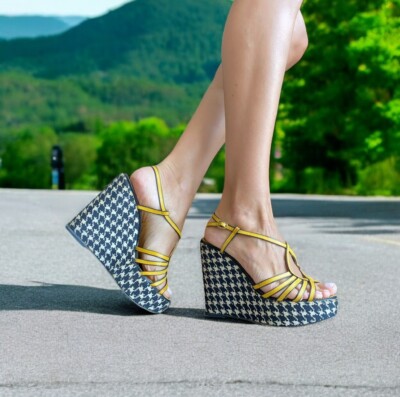 YSL SAINT LAURENT Yellow Leather Houndstooth Satin Wedge Heel 