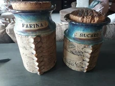2 Handmade Pottery Canister Rustic Earthenware With cork Lids Signed