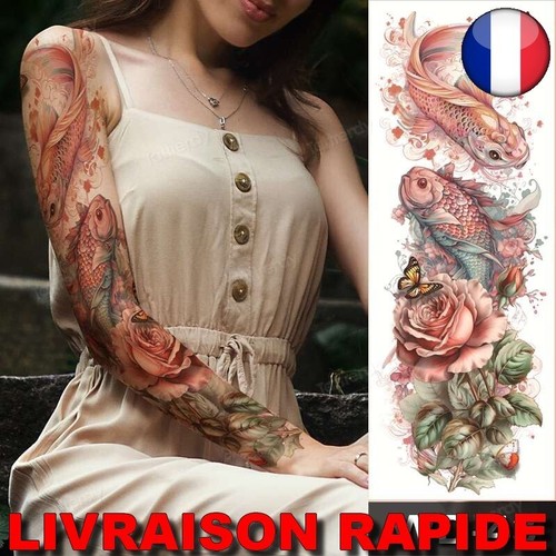 Autocollant Faux Tatouage Temporaire étanche - Motifs Poissons Et Fleurs - Pour Bras - Noir - Neuf