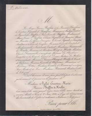 1880 Sterbeurkunde Baronin BUFFIN geboren Aglaé-Ernestine-Marie de HULTS - Tournai