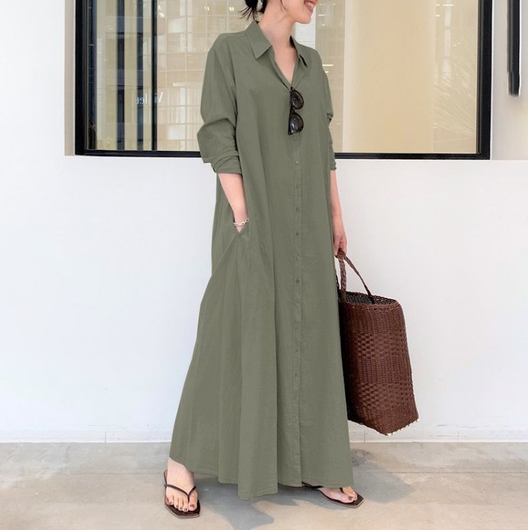 Solid-color cotton-linen long-sleeve shirt dress with a collar
