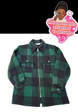Woolrich Men's Green/Black Plaid Wool 60s Vintage Jacket, Spread Collar, Pockets