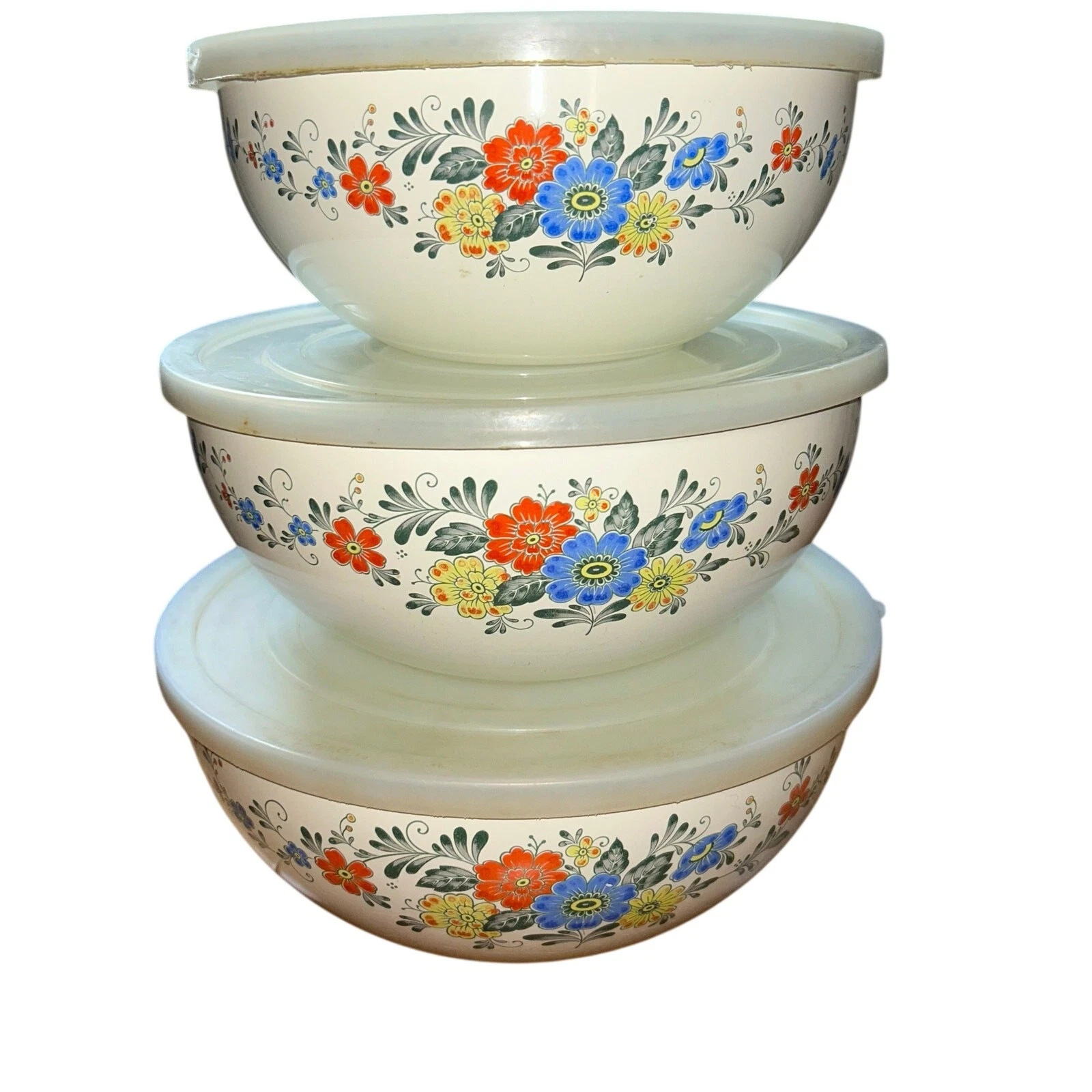 3 Vintage Kobe Japan Metal Enamel Ware Florsl Nesting Bowls with Plastic Lids
Opens in a new window