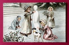 Vintage Christmas Postcard ~ Girls with Dog Build Snowman