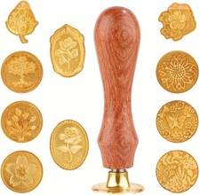 11pc Wax Seal Stamp Set - Brass Wooden Handle - 10pcs Floral Stamp Heads -
