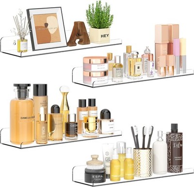 4Pack 15'' Clear Floating Wall Shelves Acrylic Storage Organizer for Makeup Books