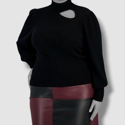 Bar III Women's Black Cut-Out Puff-Shoulder Rib Turtleneck Sweater Plus Size 3X