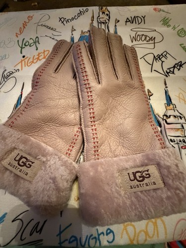 New Women's UGG Pink Shearling Suede Leather Gloves Size M - Picture 10 of 13