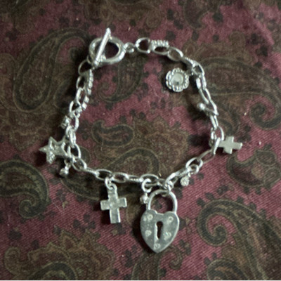 Silver Tone Metal Cable Chain Charm Bracelet w/ Toggle Clasp & Cross Heart Lock