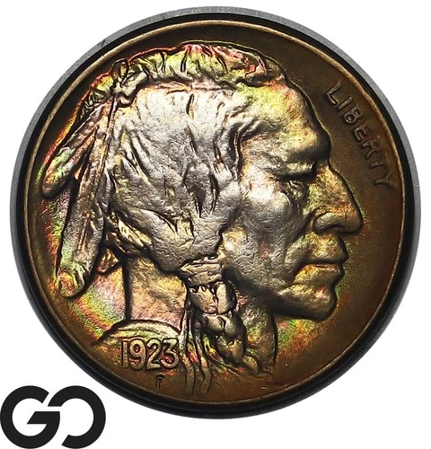 1923-S Buffalo Nickel, Beautiful Bullet Rainbow Toner, Choice AU++/Unc Key Date!