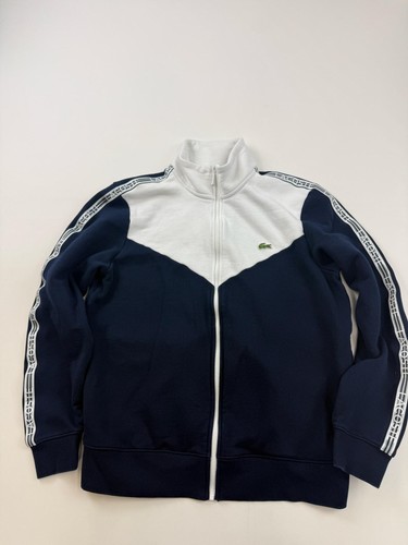 Lacoste Track Jacket Mens Large Blue White Full Zip Logo Tape Fleece Lined