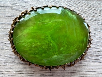 Signed Miriam Haskell Vintage Brooch Marbelized Green Glass Cabochon & Filigree
