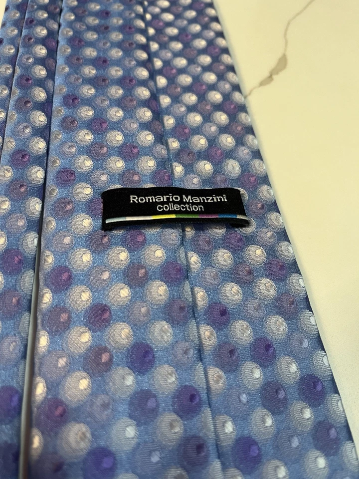 复古 Romario Manzini 系列蓝色领带 100% 真丝 — 第 3/4 张图片