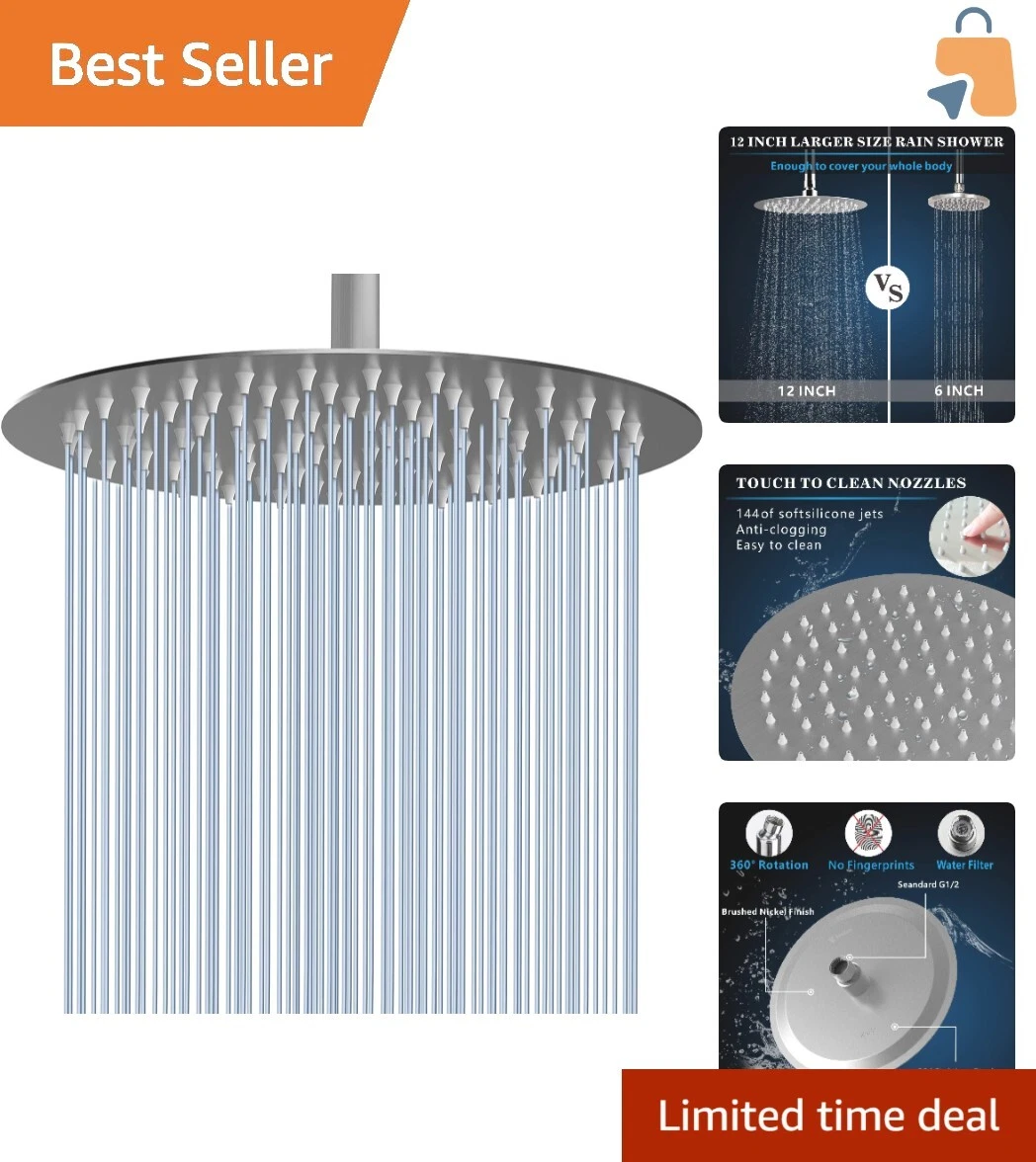 12 Inch Round Brushed Nickel High-Pressure Shower Head with Touch-Clean Nozzles