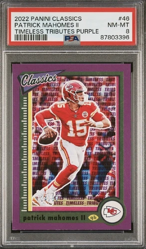 2022 Panini Classics Patrick Mahomes Timeless Tributes Purple 14/50 PSA 8