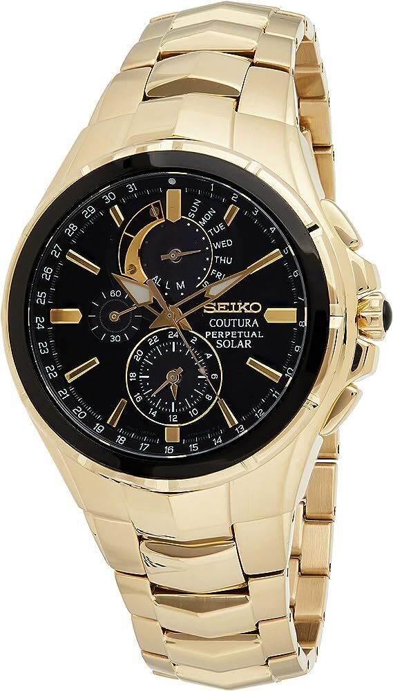 Seiko Sapphire Crystal Gold Tone Bracelet Black Dial Analog Men's