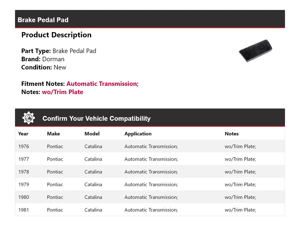 Pastilla de pedal de freno para Pontiac Catalina Dorman 1976-1981 1977 1978 1979 1980 Foto 2 de 4
