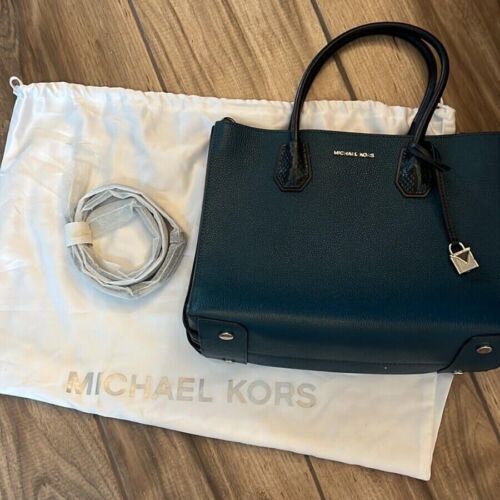NWT Brand New Blue/Snake Print Leather Michael Kors Accordion Tote Purse - Picture 6 of 6