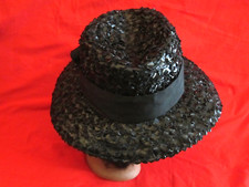 Vintage 1960's Black Straw  Ribbon Weave Hat Wide Brim Union Made sz Medium Y2K