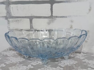 Lg Vtg Indiana Glass Harvest Ice Blue Glass Footed Oval Fruit Bowl Dessert Kitch