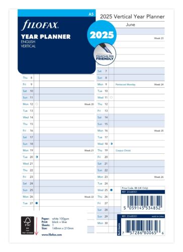 Filofax A5 2025 Vertical Year Planner Refill Insert 25-68501 - Picture 1 of 4