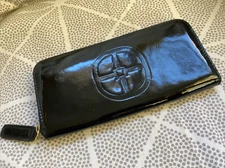 IMAN Black Zip Around Wallet Patent Leather Logo Global Chic 8”x 4” PRISTINE