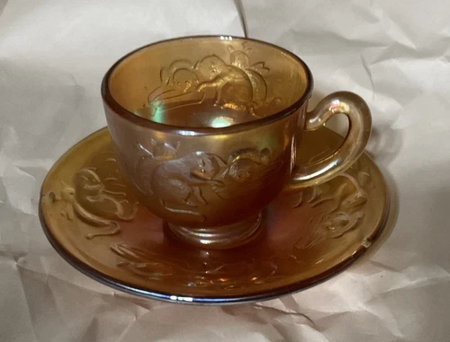 Fenton Carnival Glass Childrens Kitten Pattern Cup & Saucer Set