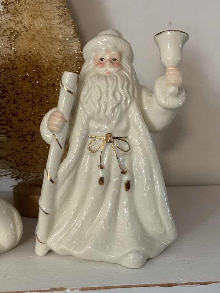 Set of 2 White Porcelain Santa Figures Shelf Sitter Figurines 6" w gold trim - Image 4 of 4