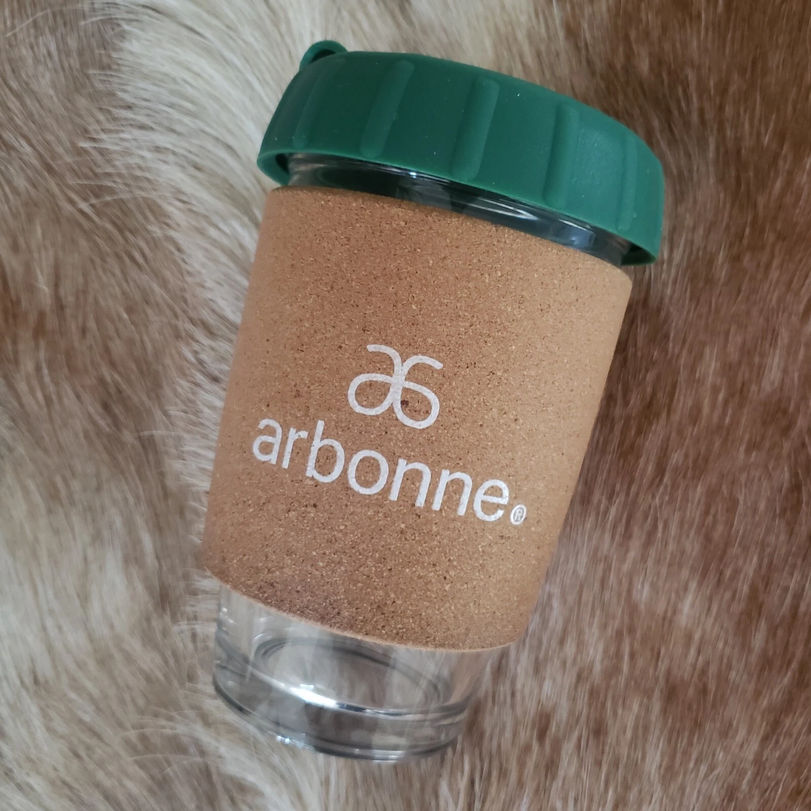 ARBONNE Glass Coffee Tea Tumbler Hot Cold Travel Mug Silicone Lid Cork Koozie