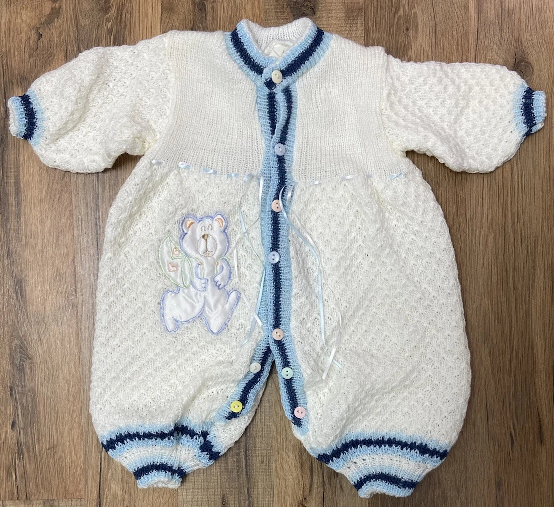 Vintage 80s Precious White Knit One Piece Gender Neutral Infant Baby 0-3 Months
