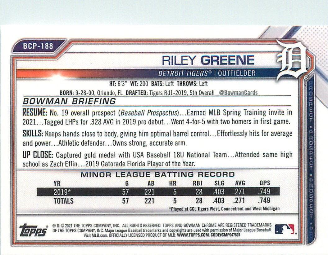 Riley Greene 2021 Bowman Chrome Prospect Card #BCP-188 Detroit
