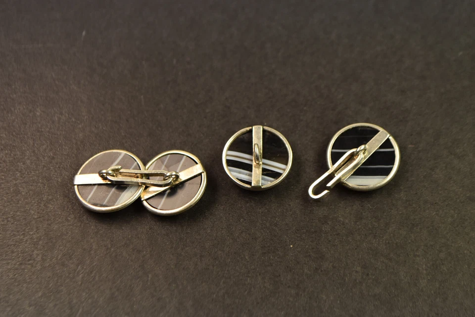 antike Manschettenknöpfe Silber 830 mit Streifenonyx. Art Deco um 1930 - Bild 4 von 4