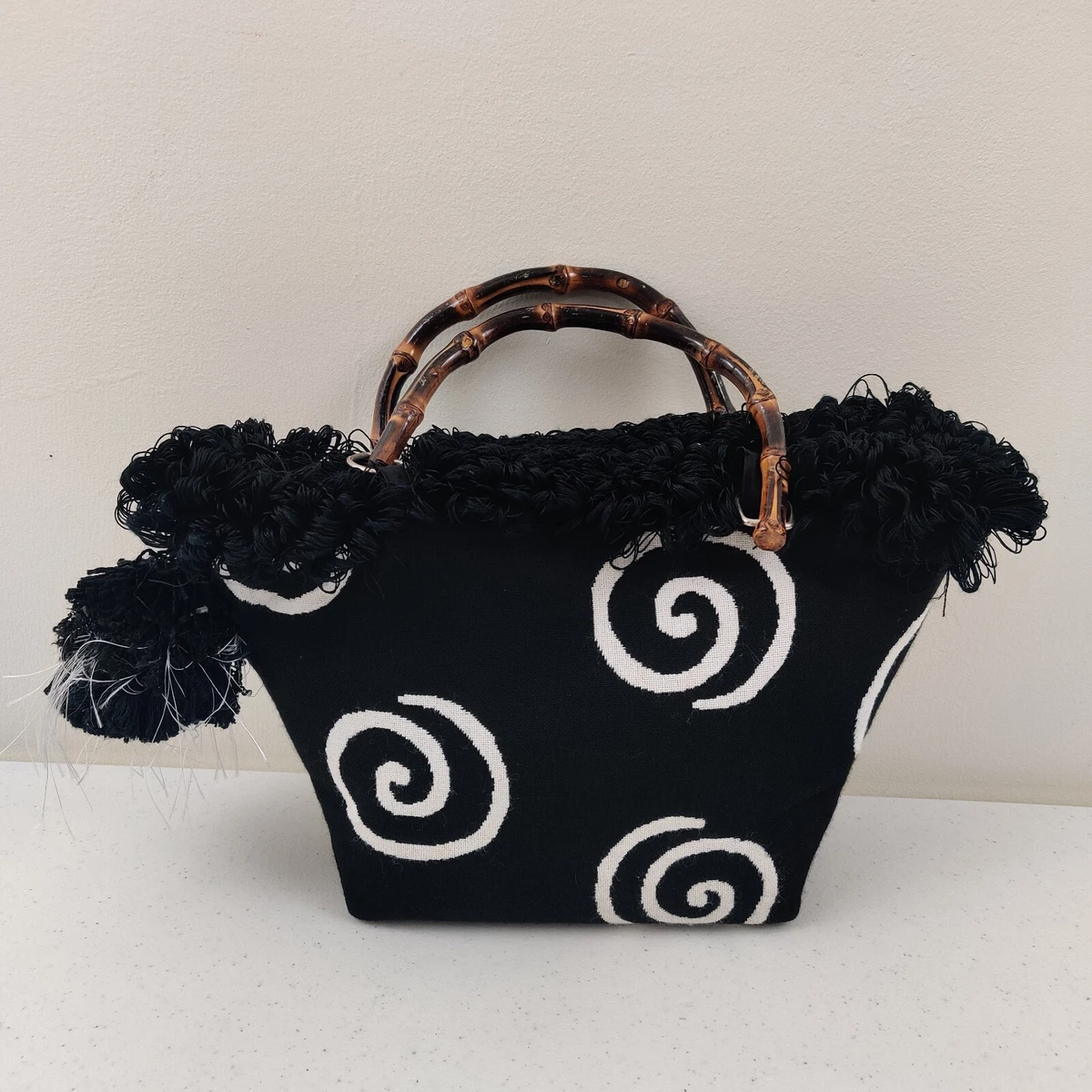 Lula Belle Black And White Fabric Ruffled Loop Trim Purse Bag