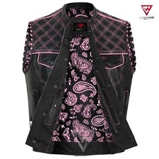 Women Black Leather Motorcycle Vest Diamond Stitch Concealed Carry, Pink Lining