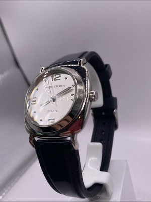 Michel Germain Mens Silver Tone Quartz Watch Black Rubber 