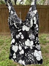 VTG Catalina One Piece Swimsuit Black White Floral Pin-up Size 16 Skirted Flawed