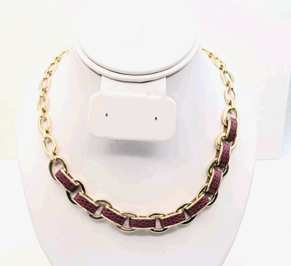 Gargantilha de corrente Anne Klein tom dourado couro borgonha robusto colar vintage - Imagem 4 de 4