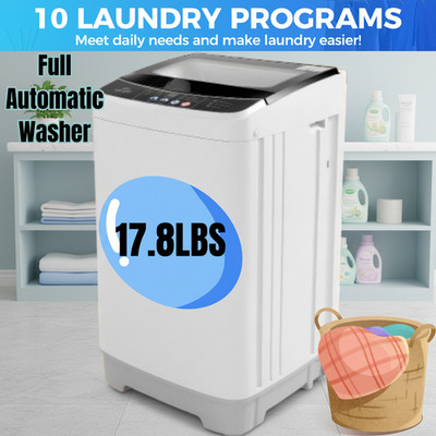 Washing Machine 17.8lbs Full-Automatic Laundry Washer w/10 Programs Glass Cover