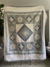 Vintage Blue White Patchwork Quilt 90x90 Queen Farmhouse Medallion Floral Cotton