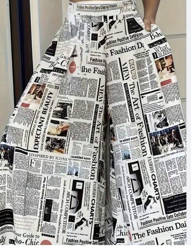 Wide leg newspaper print pant