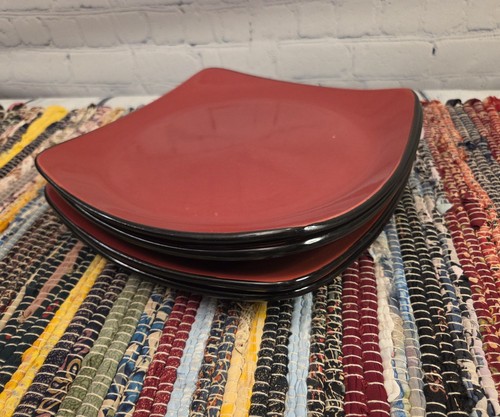 4 Corelle Hearthstone Stoneware Dinner Plate Chile Red & Black 11.5" square