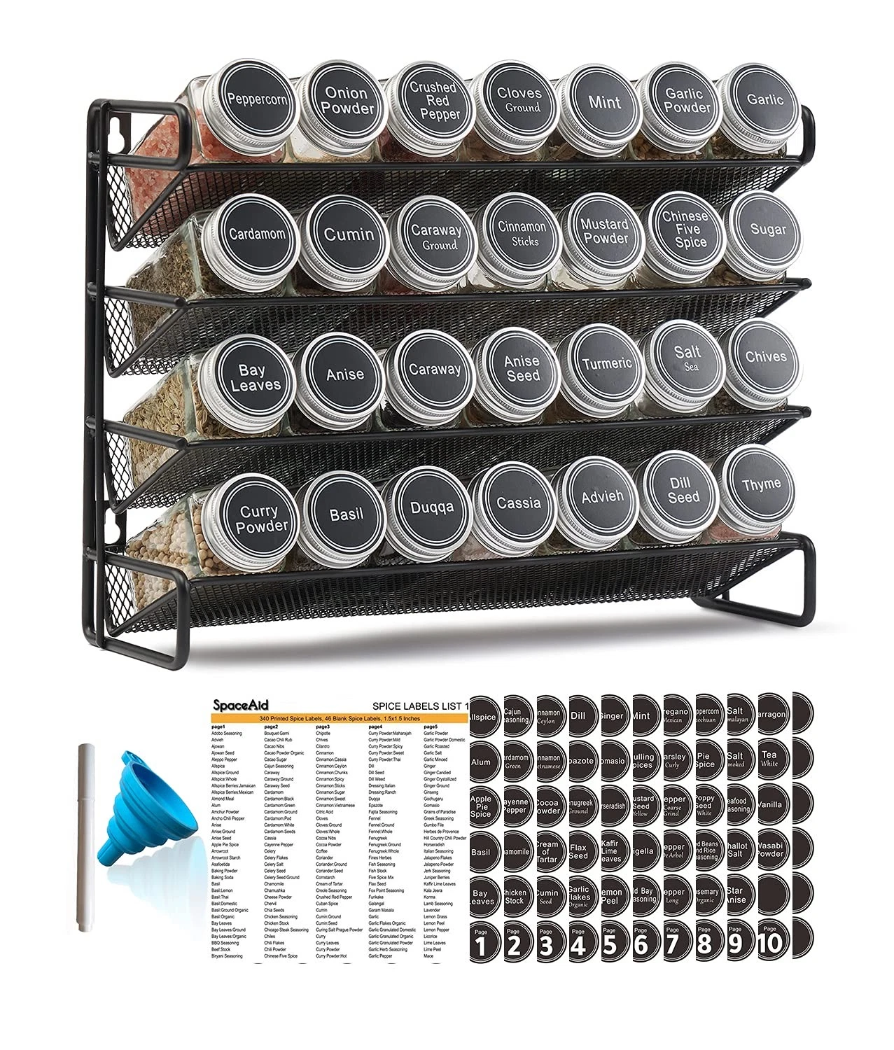 Spice Rack Organizer with 28 Spice Jars, 386 Spice Labels, Chalk Marker and F...