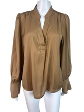 Banana Republic Womens Blouse Top Satin Tan V-Neck Puff Sleeve Career Size S NWT
